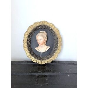 Antique Victorian Chalkware Lady Bust Wall Hanging Oval Baroque Bisque Frame